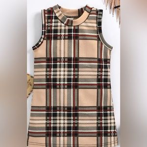 Girls Sleeveless Crew Neck Plaid Print Dress